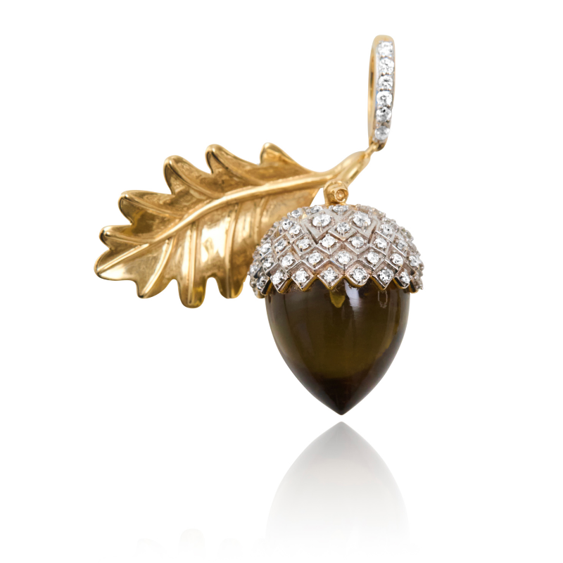 Diamond Acorn Charm with Smoky Quartz Seed